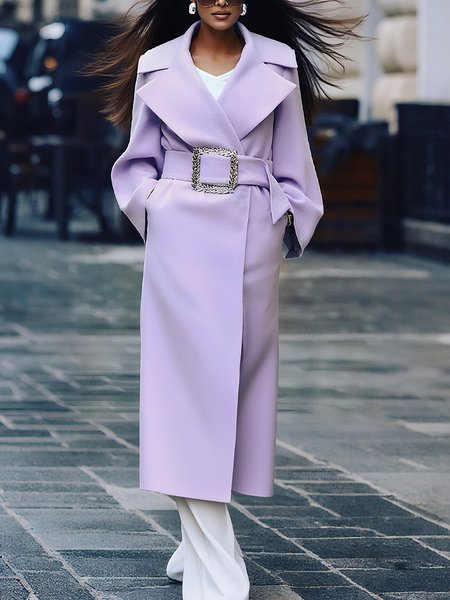 

Elegant Plain Lapel Collar Coat With Belt, Purple, Coats