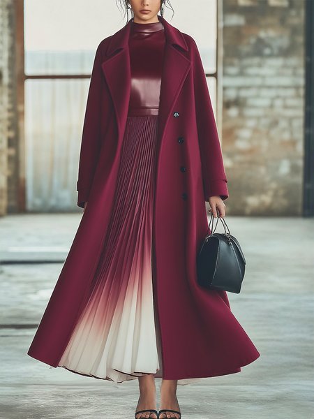 

Elegant Buttoned Plain Lapel Collar Coat With Belt, Wine red, Coats
