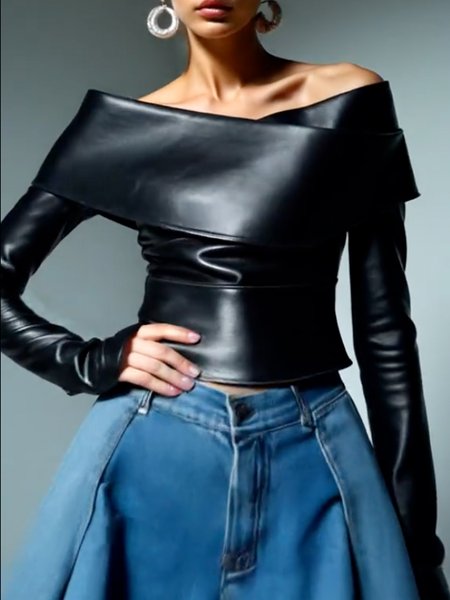 PU Urban Plain Off The Shoulder  Faux Leather Top