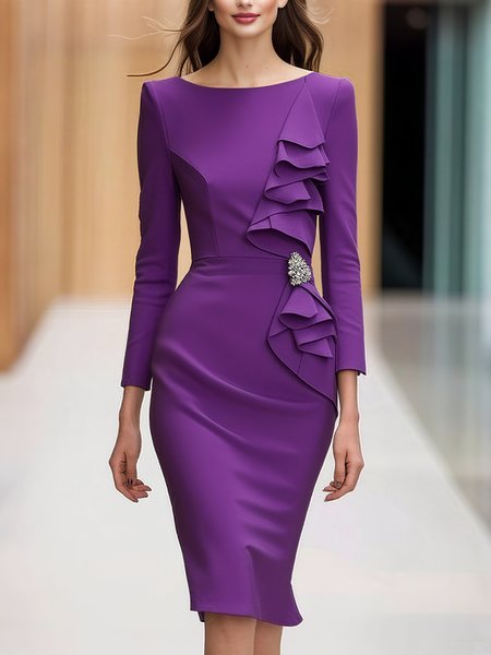 Elegant Plain  Peplum Crew Neck Midi Dress With Brooch