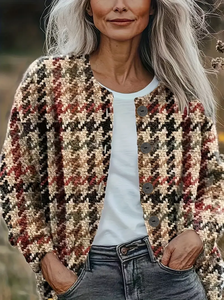 

Women Houndstooth Printing Long Sleeve Crew Neck Vintage Spring/Fall Cardigan Outerwear, As picture, Cardigans