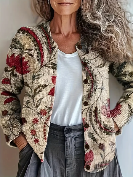 

Women Floral Printing Long Sleeve Crew Neck Vintage Spring/Fall Cardigan Outerwear, Khaki, Cardigans