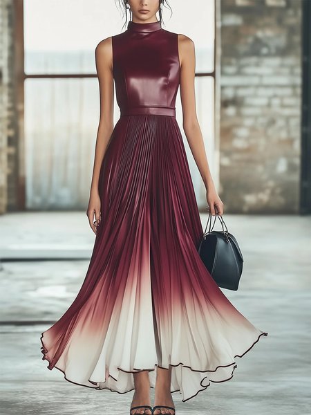 

Elegant Gradient Pattern Split Joint Stand Collar Maxi Dress, Wine red, Maxi Dresses