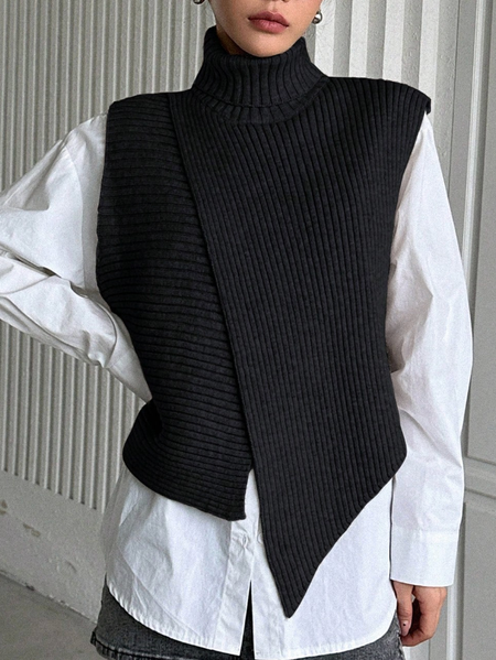 

Yarn/Wool Yarn Casual Plain Sweater, Black, Pullovers