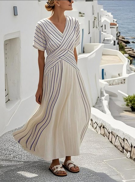 

Women Striped Short Sleeve Summer Split Joint Dress V Neck Daily Vintage Maxi T-Shirt Dress A-Line Dress, Blue, Dresses