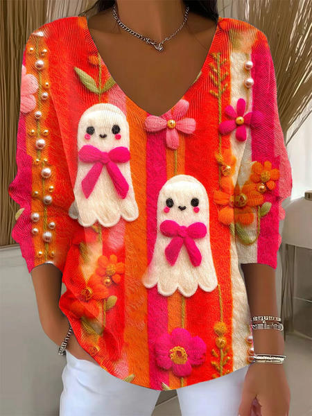 

Women Floral Long Sleeve Tee T-shirt V Neck Printing Casual Spring/Fall Top, Orange red, T-Shirts