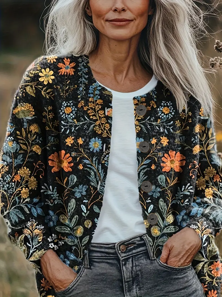 

Women Floral Printing Long Sleeve Crew Neck Vintage Spring/Fall Cardigan Outerwear, Black, Cardigans