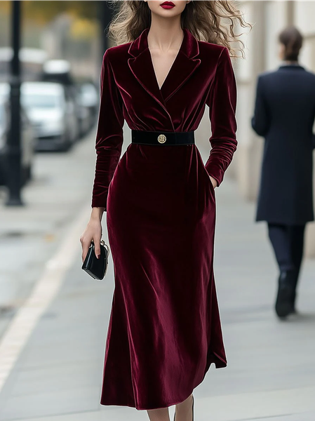 

Elegant Plain Lapel Collar Midi Dress With Belt, Red, Midi Dresses