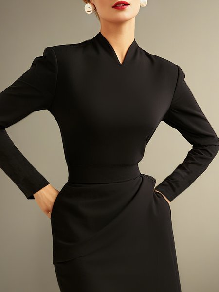 

Elegant Plain Asymmetric V Neck Blouse No Belt, Black, Blouses and Shirts