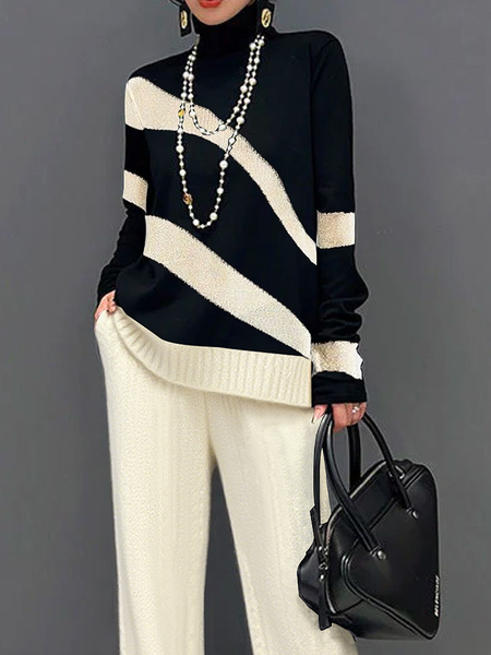 

Casual Color Block Turtleneck Sweater, Black-white, Pullovers