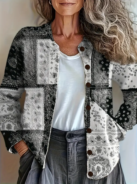 

Women Paisley Printing Long Sleeve Crew Neck Vintage Spring/Fall Cardigan Outerwear, Black, Cardigans