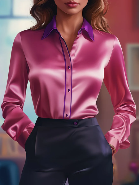 

Satin Urban Color Block Buttoned Shirt, Purple, Blouses and Shirts