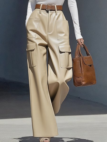 

Urban Plain Straight Faux Leather Pants No Belt, As picture, Pants