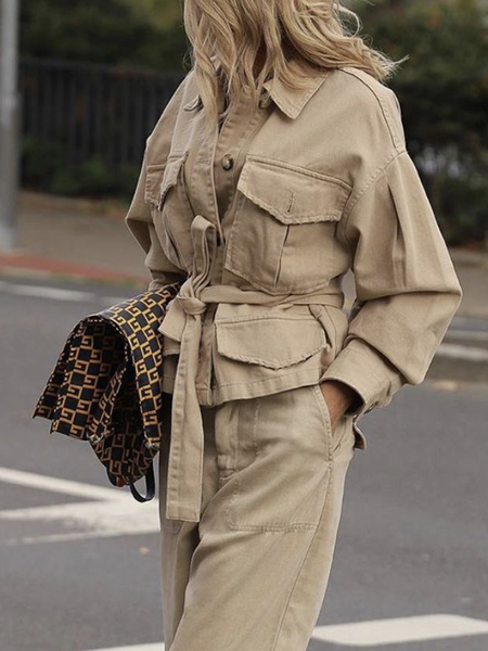 

Casual Plain Shirt Collar Jacket With Belt, Khaki, Jackets