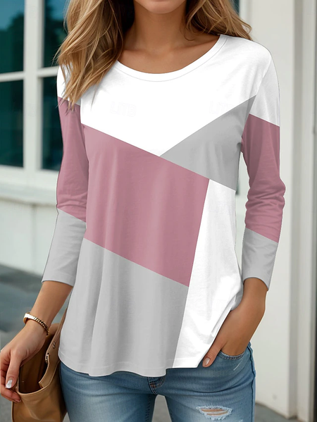 

Women Abstract Long Sleeve Tee T-shirt Crew Neck Printing Casual Spring/Fall Graphic Tee Top, Pink, T-Shirts