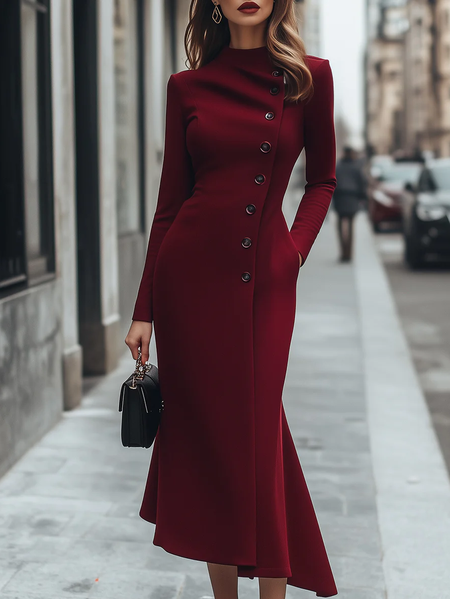 Elegant Plain Buttoned Mock Neck Midi Dress