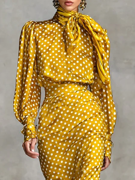 

Elegant Polka Dots Printing Lace-up Crew Neck Blouse, Yellow, Blouses and Shirts