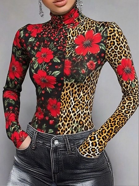 

Urban Leopard Printing Turtleneck T-shirt, As picture, Tees