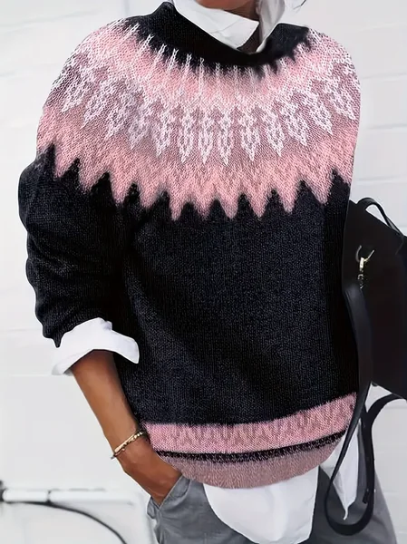 

Women Abstract Printing Spring/Fall Casual Long Sleeve Crew Neck Sweater, Black-pink, Sweaters