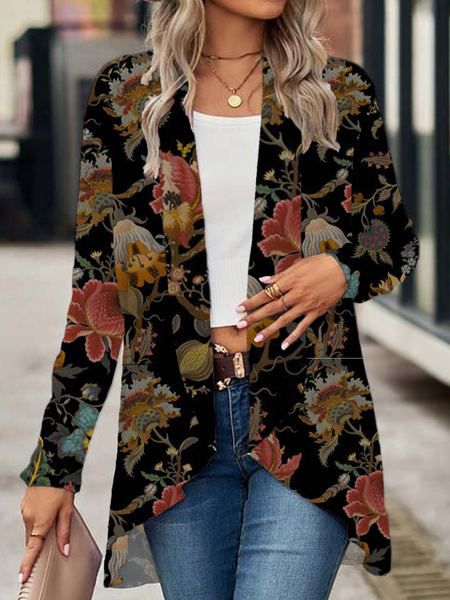 

Women Floral Spring/Fall Cover-up Casual Printing Lightweight Cardigan, Black, Cardigans