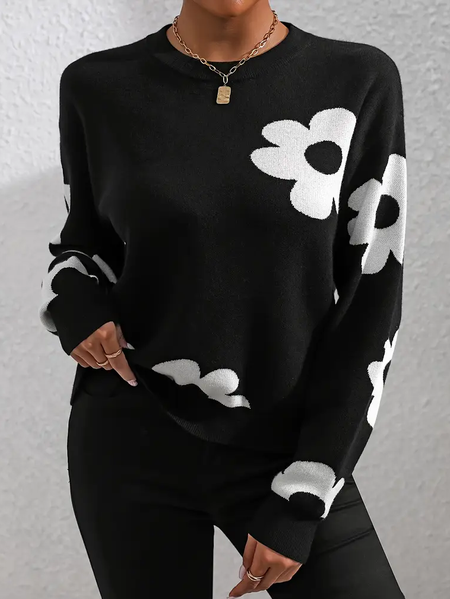 

Women Floral Printing Spring/Fall Casual Long Sleeve Crew Neck Sweater, Black, Sweaters