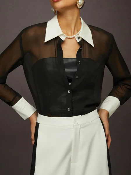 Urban Black And White Colorblock Split Joint Shirt With Pu Tube Top