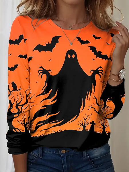 

Women Halloween Long Sleeve Tee T-shirt Crew Neck Printing Casual Spring/Fall Graphic Tee Top, Orange, T-Shirts