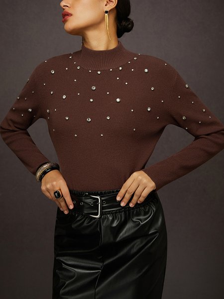 

Yarn/Wool Yarn Urban Plain Rhinestones Mock Neck Sweater, Brown, Pullovers