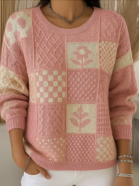 

Women Cotton Geometric Long Sleeve Comfy Vintage Sweater, Pink, Sweaters