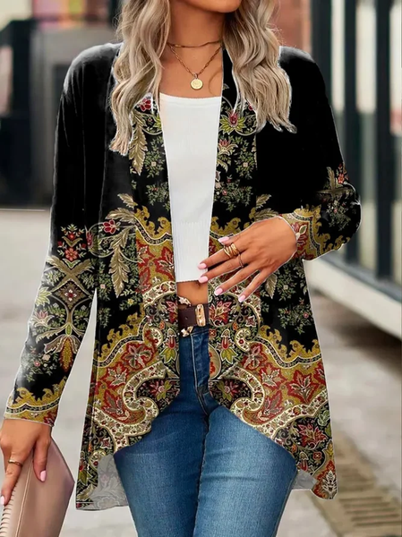 

Women Floral Spring/Fall Cover-up Casual Printing Lightweight Cardigan, Black, Cardigans