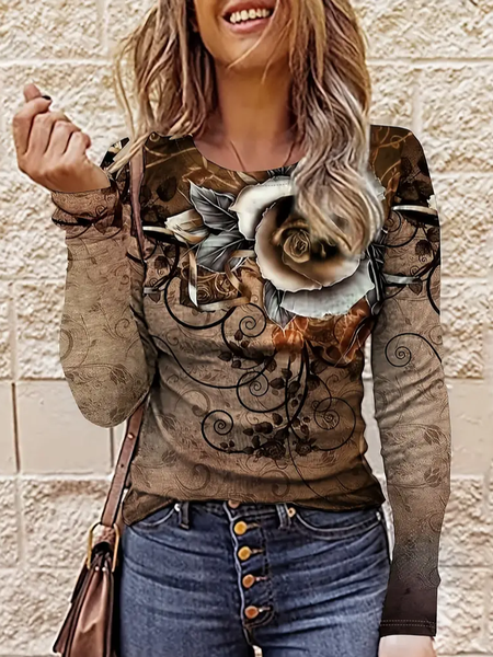 

Women Floral Long Sleeve Tee T-shirt Crew Neck Printing Casual Spring/Fall Graphic Tee Top, Brown, T-Shirts