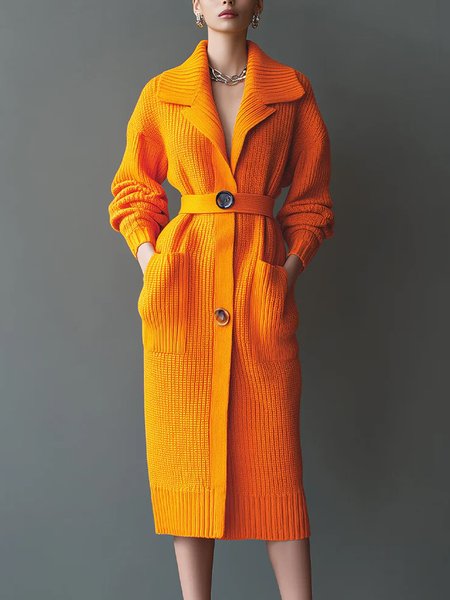 

Casual Plain Buttoned Lapel Collar Sweater Cardigan With Belt, Orange, Cardigans