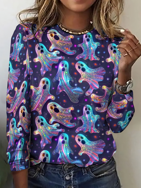 

Vintage Halloween Crew Neck Long Sleeve T-shirt, As picture, T-shirts