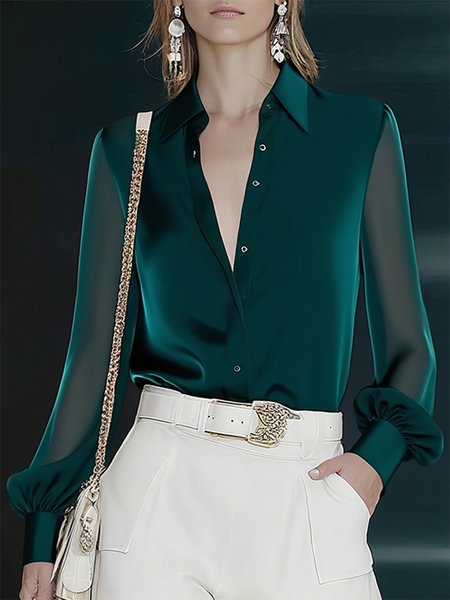

Urban Plain Ruched Shirt Collar Balloon Sleeve Shirt, Green, Blouses and Shirts