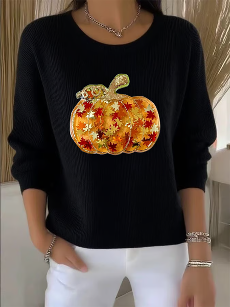 

Women Maple Leaf Printing Spring/Fall Casual Long Sleeve Crew Neck Sweater, Black, Sweaters