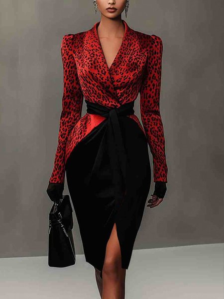 Elegant Leopard Velvet  Split Joint V Neck Knee Length Dress With Belt