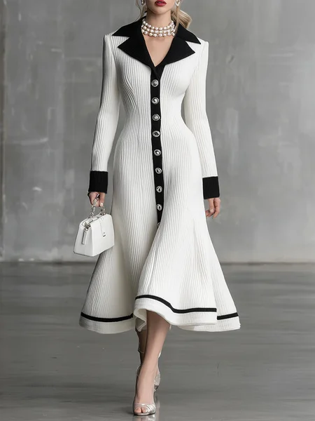 

Urban Color Block Buttoned Lapel Collar Sweater Midi Dress, Black-white, Midi Dresses