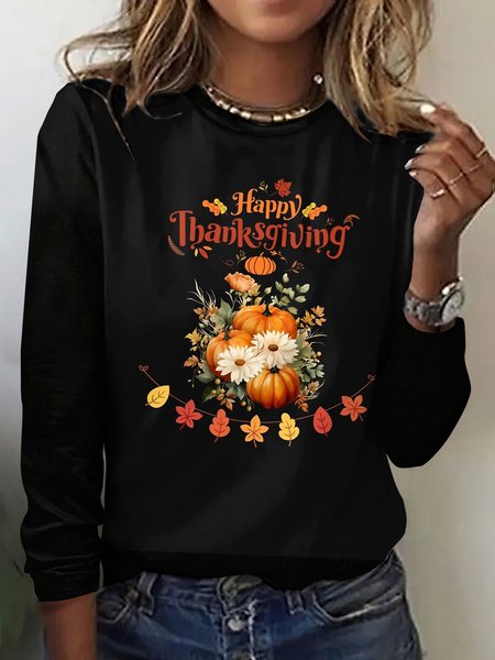 

Vintage Floral Crew Neck Long Sleeve T-shirt, Black, T-shirts