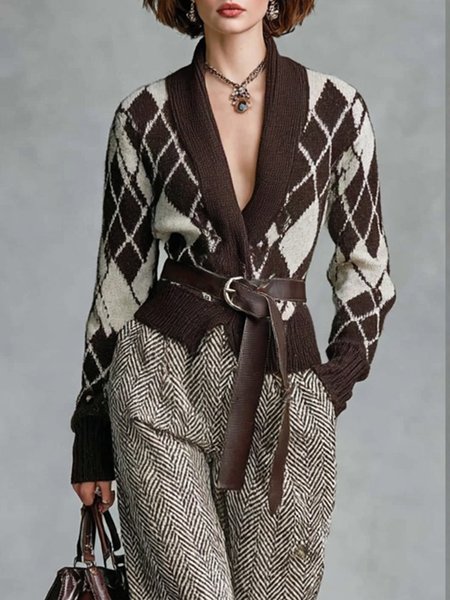 

Casual Plaid V Neck Sweater Cardigan No Belt, Brown, Cardigans
