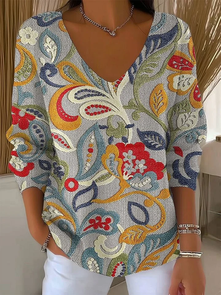 

Women Floral Long Sleeve Tee T-shirt V Neck Printing Casual Spring/Fall Top, Gray, T-Shirts