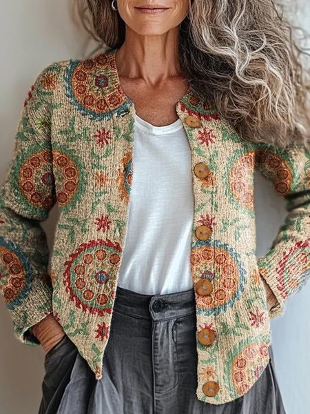

Women Knitted Geometric Long Sleeve Comfy Vintage Cardigan, Color1, Cardigans