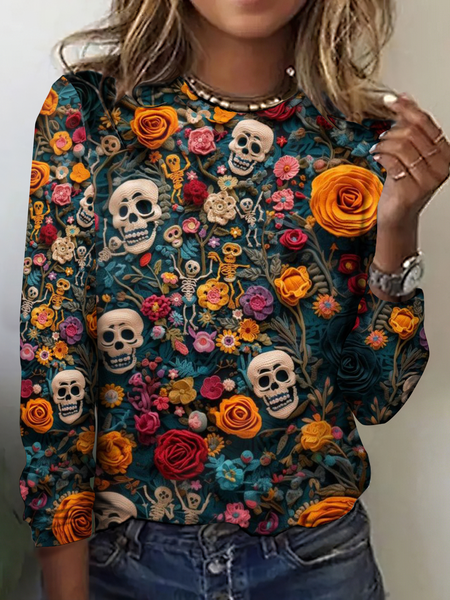 

Vintage Halloween Crew Neck Long Sleeve T-shirt, As picture, T-shirts