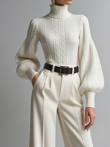 

Casual Plain Turtleneck Sweater, Off white, Pullovers