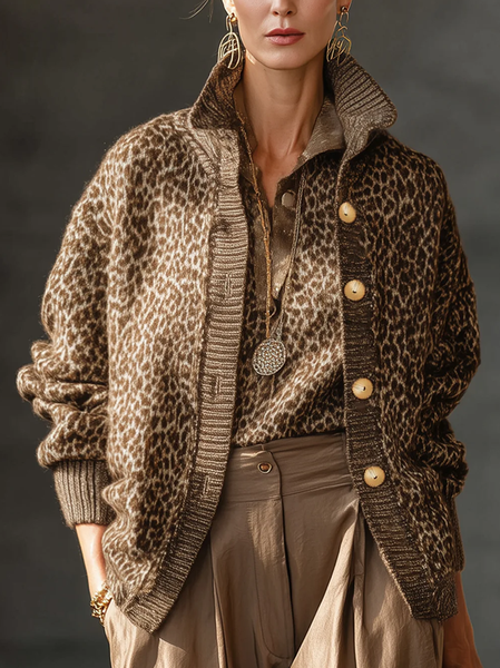 

Yarn/Wool Yarn Urban Leopard Buttoned Cardigan, Brown, Cardigans