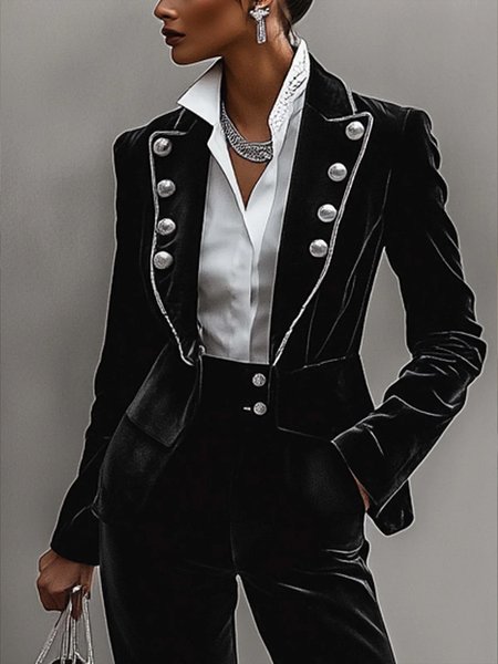 

Urban Velvet Buttoned Plain Lapel Collar Blazer, Black, Blazers