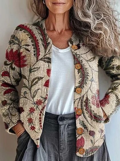 

Women Knitted Floral Long Sleeve Comfy Vintage Cardigan, Color3, Cardigans