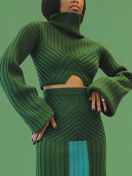 

Casual Plain Irregular Craftsmanship Turtleneck Sweater, Green, Pullovers
