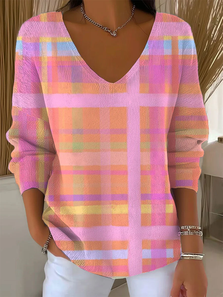 

Women Abstract Long Sleeve Tee T-shirt V Neck Printing Casual Spring/Fall Top, Pink, T-Shirts