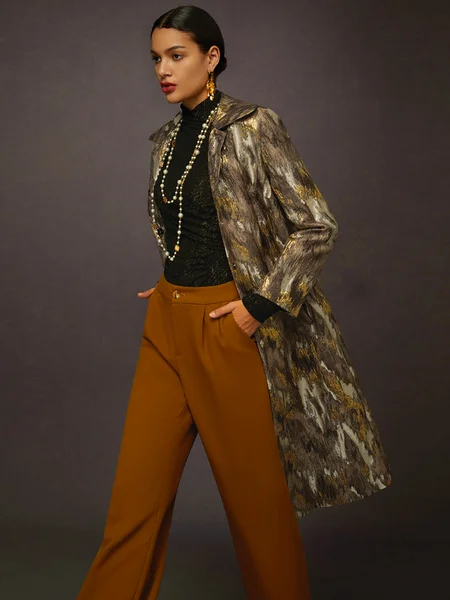 

Urban Abstract Colorblock Jacquard Shawl Collar Coat, Brown, Coats