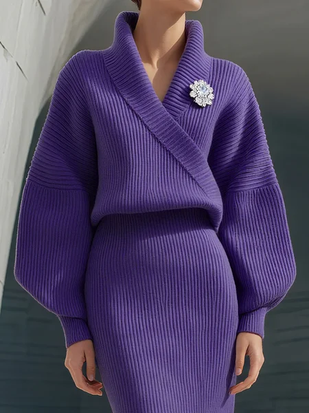 

Yarn/Wool Yarn Elegant Plain Cross Neck Sweater With Brooch, Purple, Pullovers